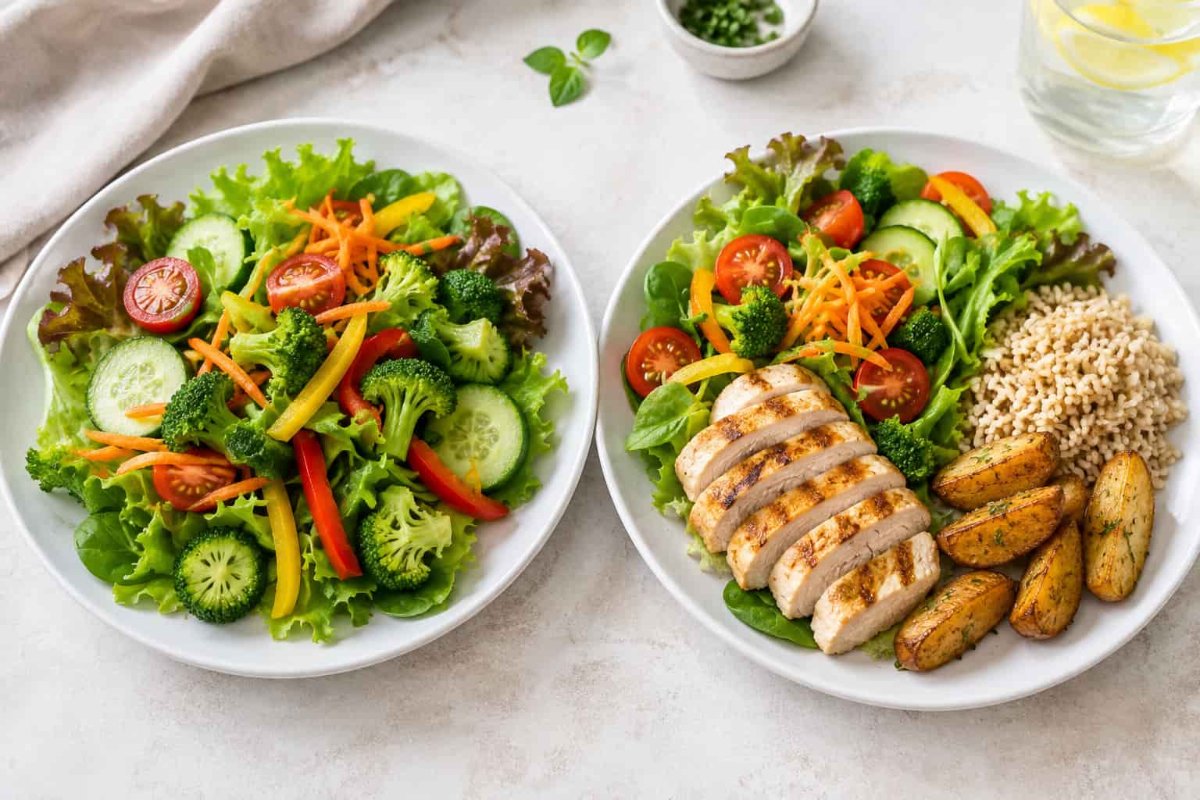 Comparație între o salată simplă și o masă completă și sățioasă