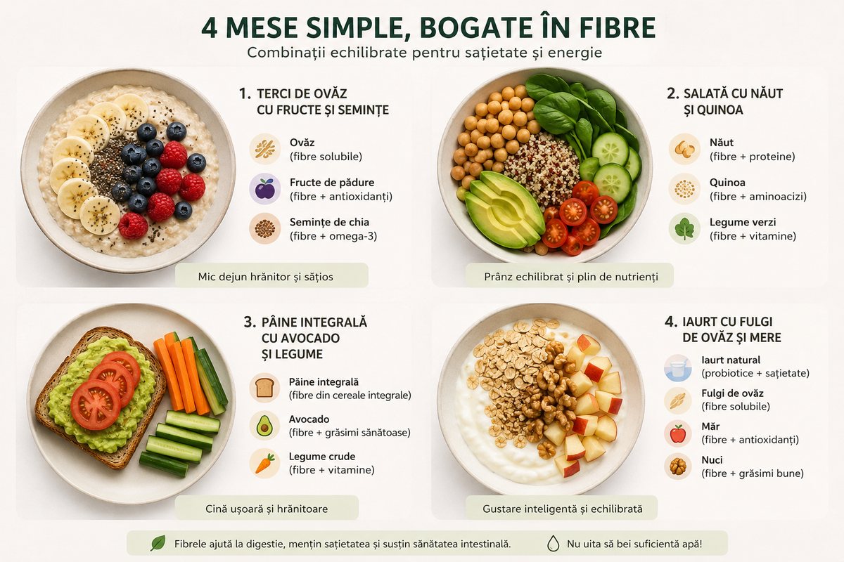Exemplu de mese zilnice cu alimente bogate în fibre